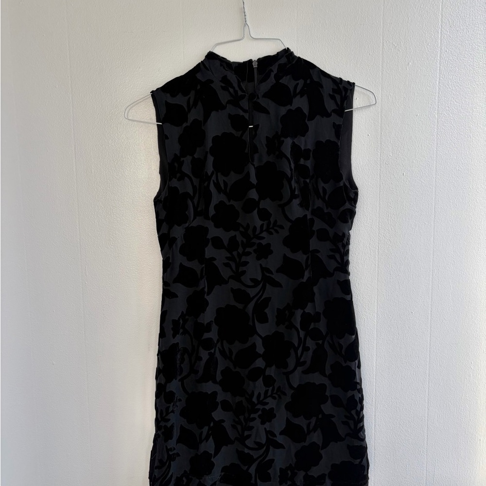 Vintage 90s Black Burnt Velvet Cheongsam Dress
